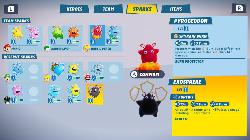 Screenshot of the Sparks menu in Mario + Rabbids Sparks of Hope.