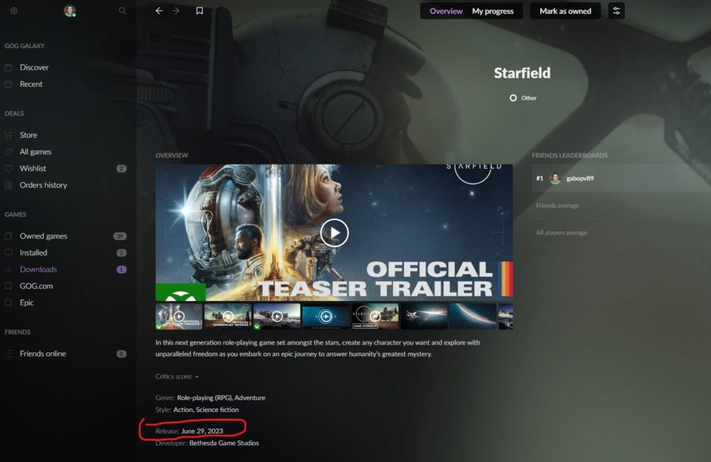 A screenshot from @Tyler_McV on Twitter of the Starfield GOG Galaxy page. The release date is circled in red, drawing attention to a possible Starfield release date of June 29. 