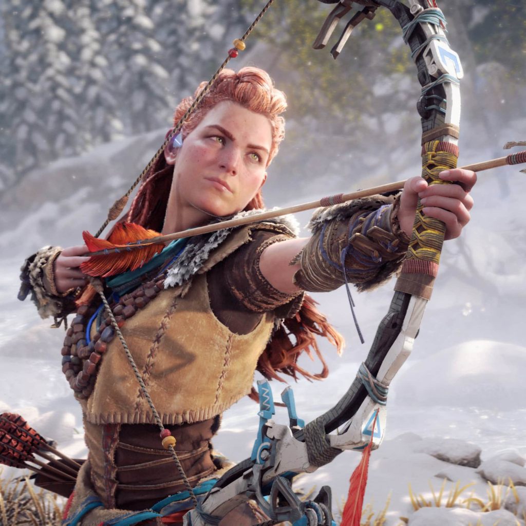 A screenshot of Aloy drawing her bow in Horizon Forbidden West.