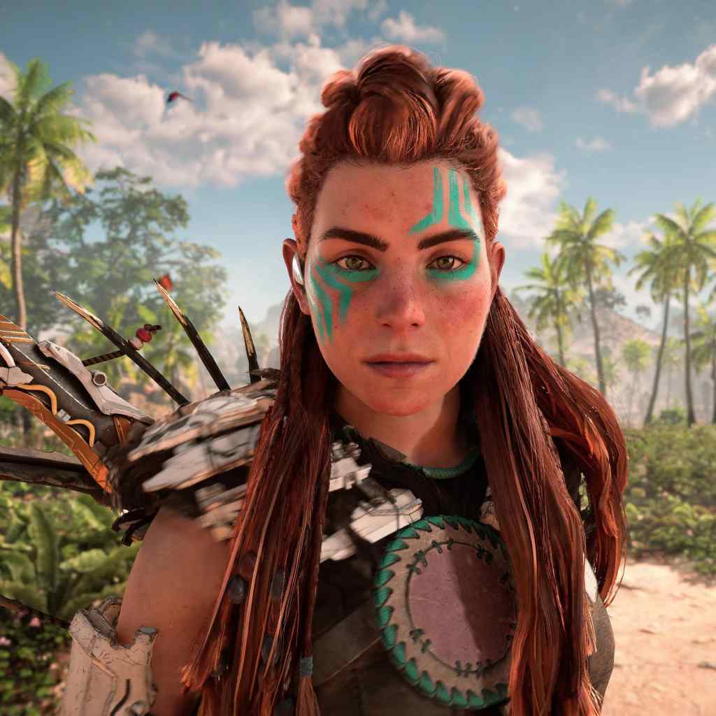 Aloy wearing the Nora Seeker face paint in Horizon Forbidden West.