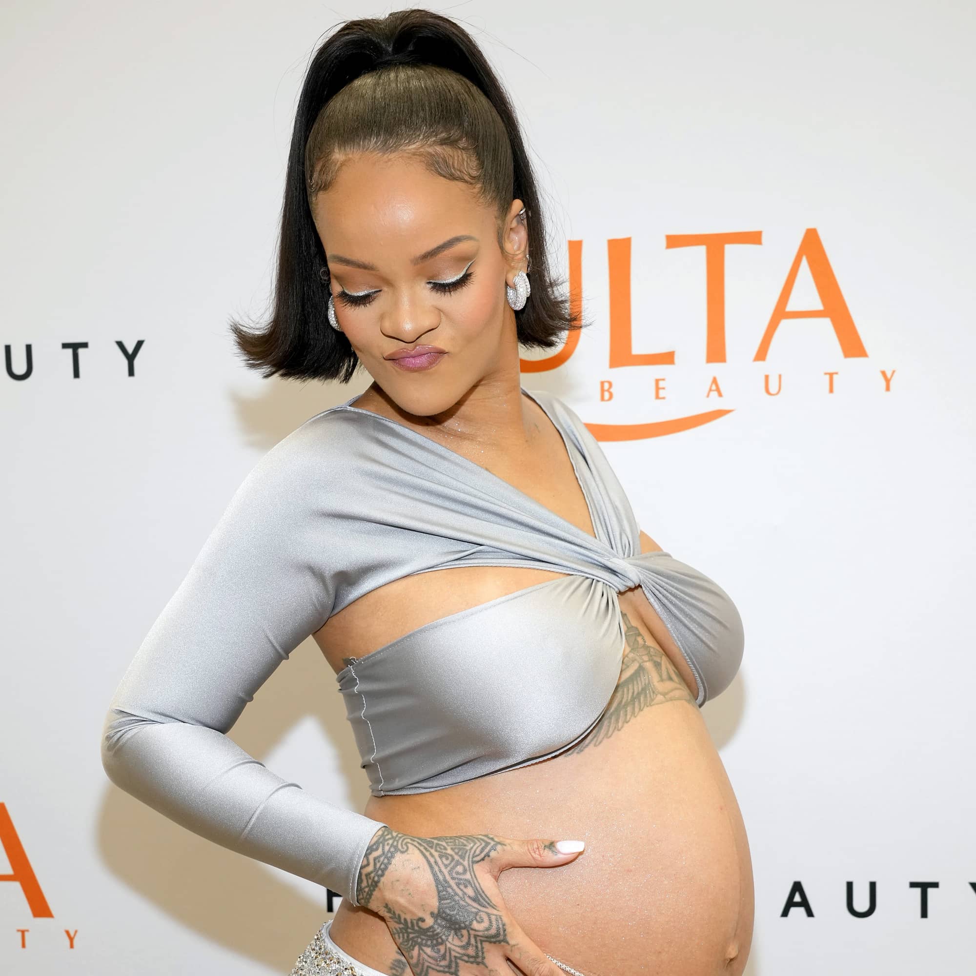 Rihanna in a silver Coperni outfit