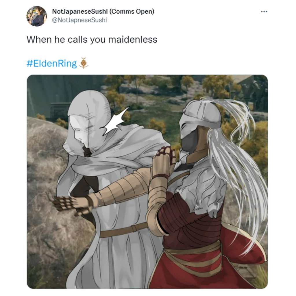 An Elden Ring meme by @NotJapneseSushi reading: "When he calls you maidenless #EldenRing" with an illustration of the Tarnished slapping Varre imitating Will Smith slapping Chris Rock at the Oscars 2022.