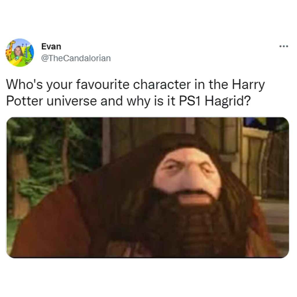 A picture of Hagrid from the Harry Potter PS1 game, with the caption "Who's your favourite character in the Harry Potter universe and why is it PS1 Hagrid?" from Twitter user @TheCandalorian.