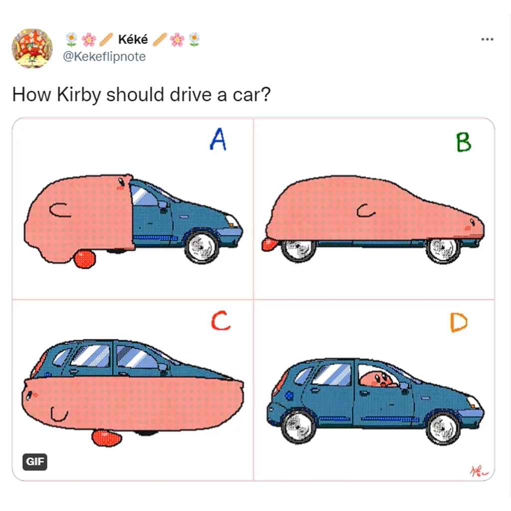 A Tweet by @Kekeflipnote reading: "How Kirby should drive a car?" with a photo of Mouthful Mode from Kirby and the Forgotten Land.