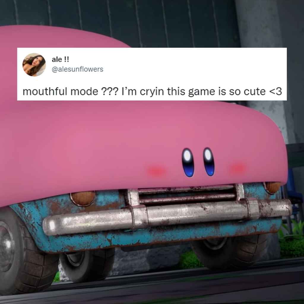 Kirby using Mouthful Mode on a car in Kirby and the Forgotten Land.