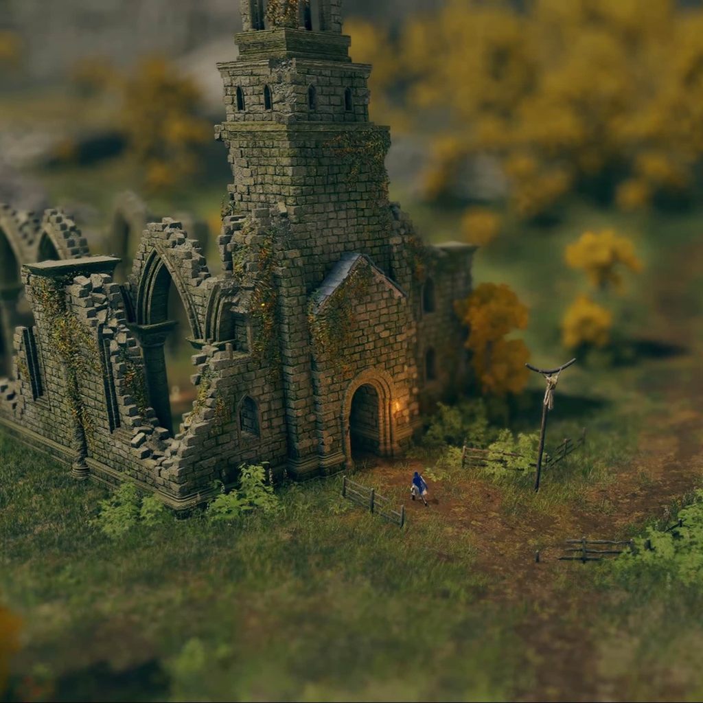 A screenshot of the Tarnished entering the Church of Elleh from Flurdeh's Elden Ring tilt shift video.