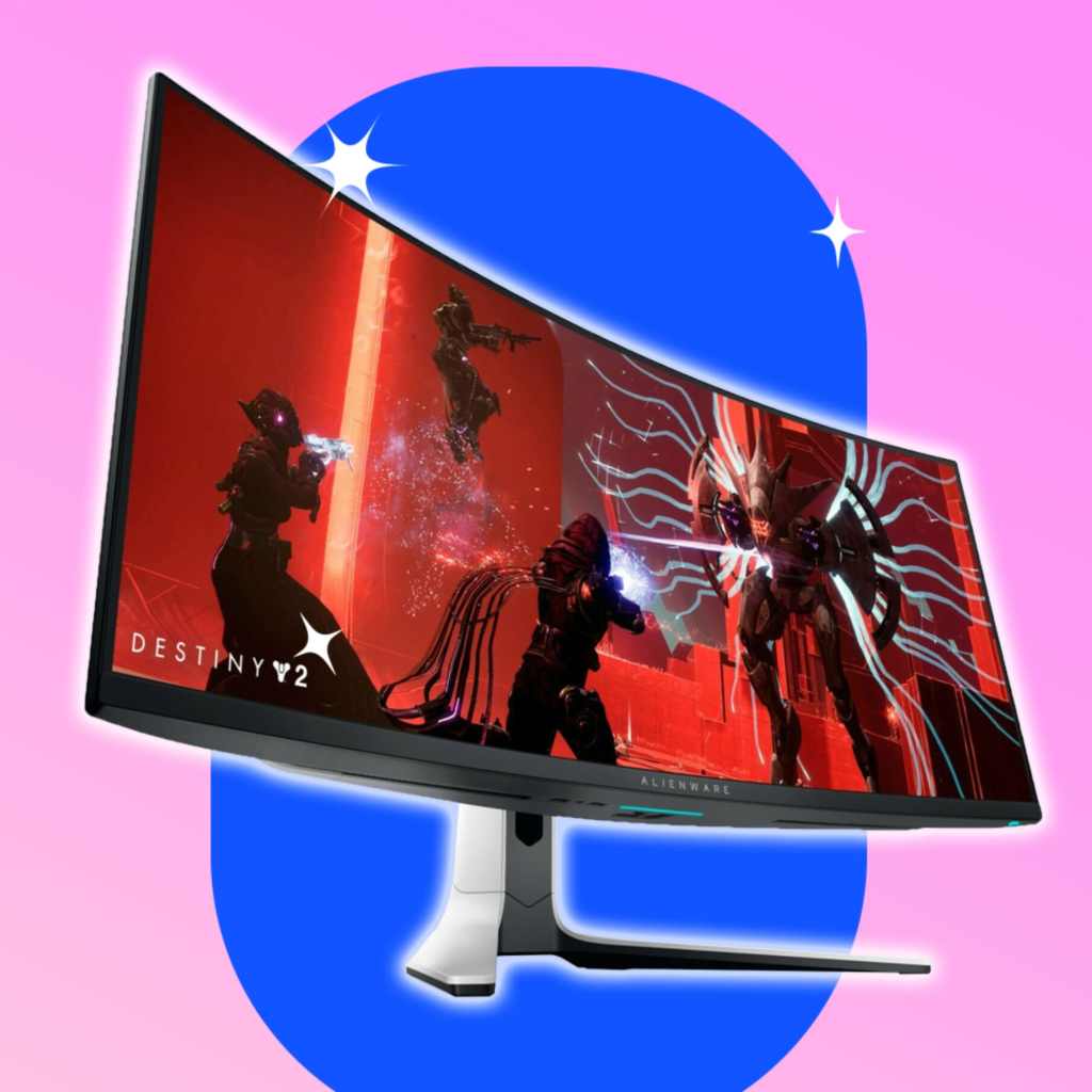 The Alienware 34 curved QD-OLED gaming monitor against a blue and pink background.