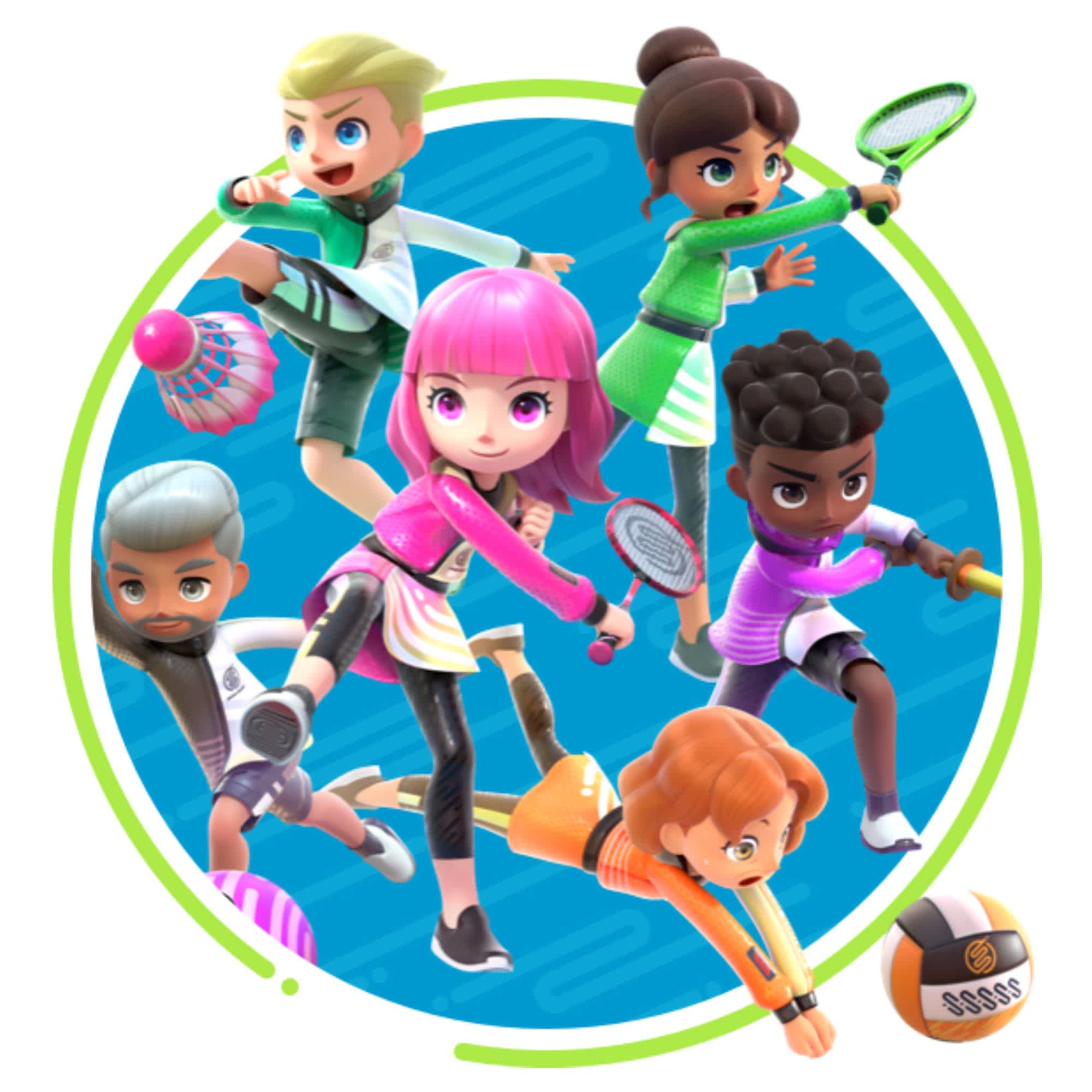 Characters from Nintendo Switch Sports playing volleyball, badminton, bowling, soccer, chambara and tennis.