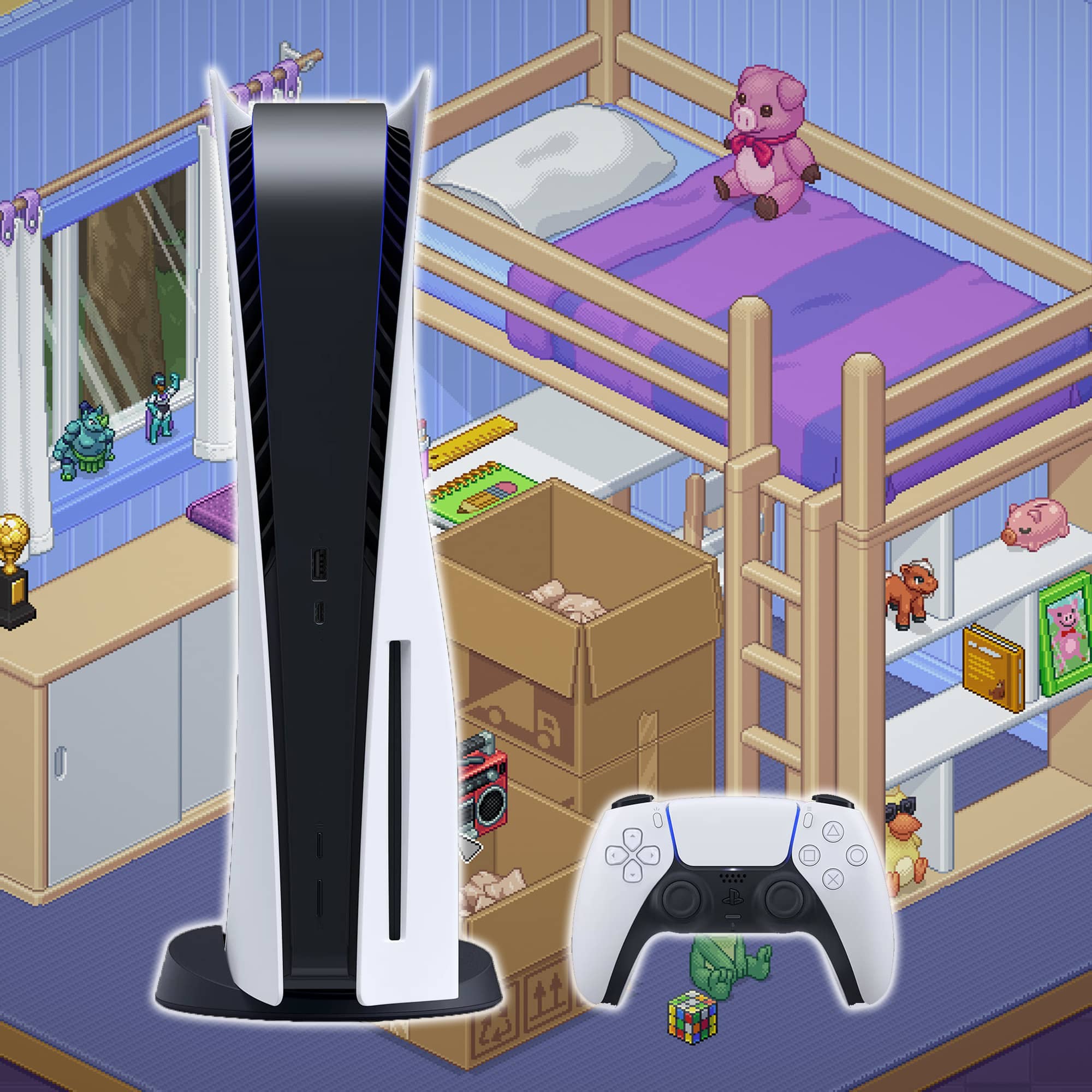 A screenshot from Unpacking with a cut-out image of a PS5 console and DualShock wireless controller on top.