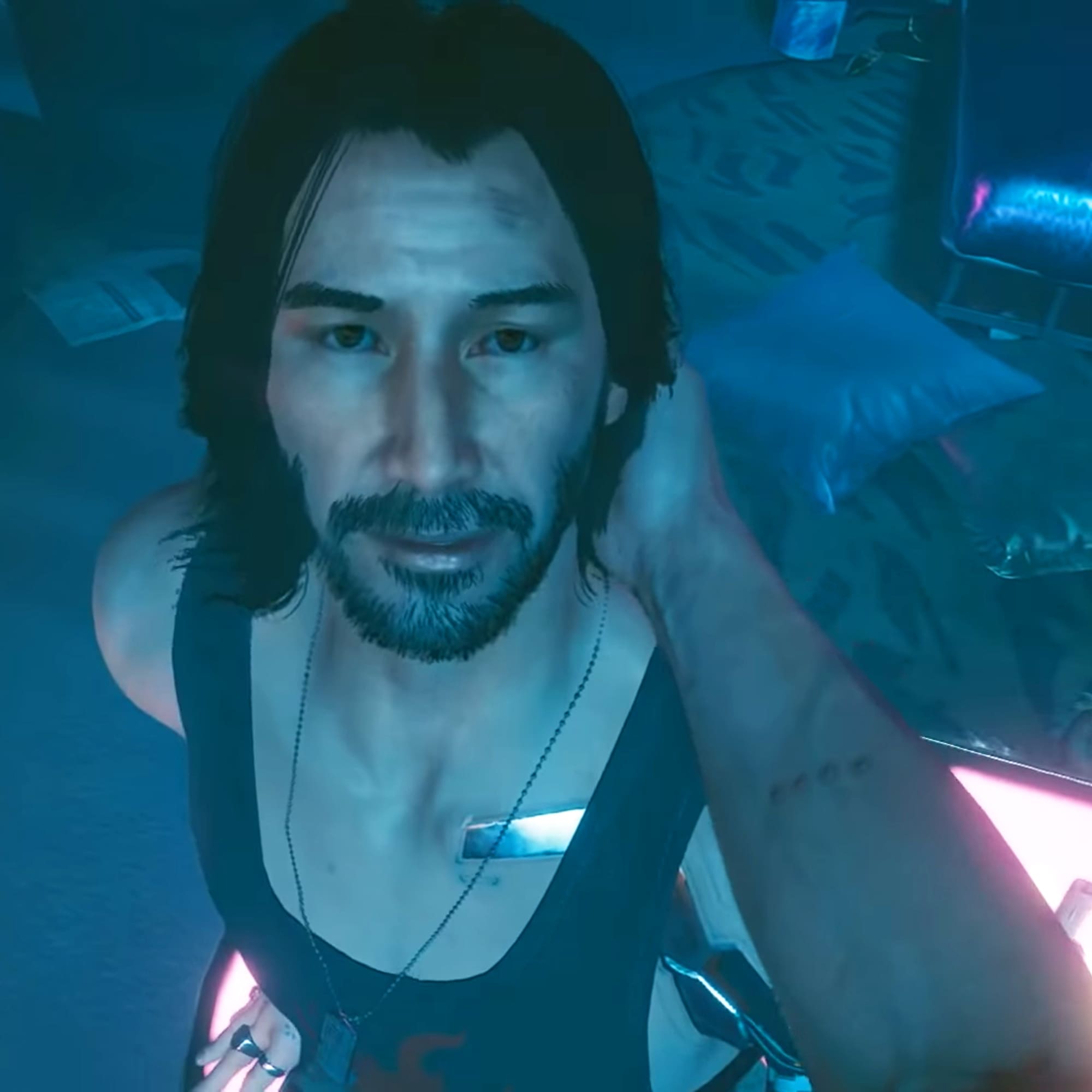 Johnny Silverhand about to be kissed from the Johnny Silverhand romance mod for Cyberpunk 2077.