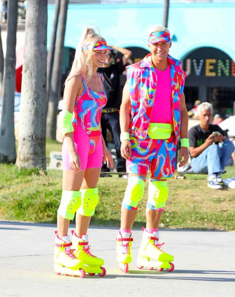 Margot Robbie and Ryan Gosling as Rollerblade Barbie and Ken