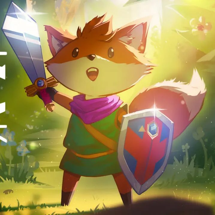 The fox from Tunic raising a sword in the air with one arm and holding a shield with the other. They look excited.
