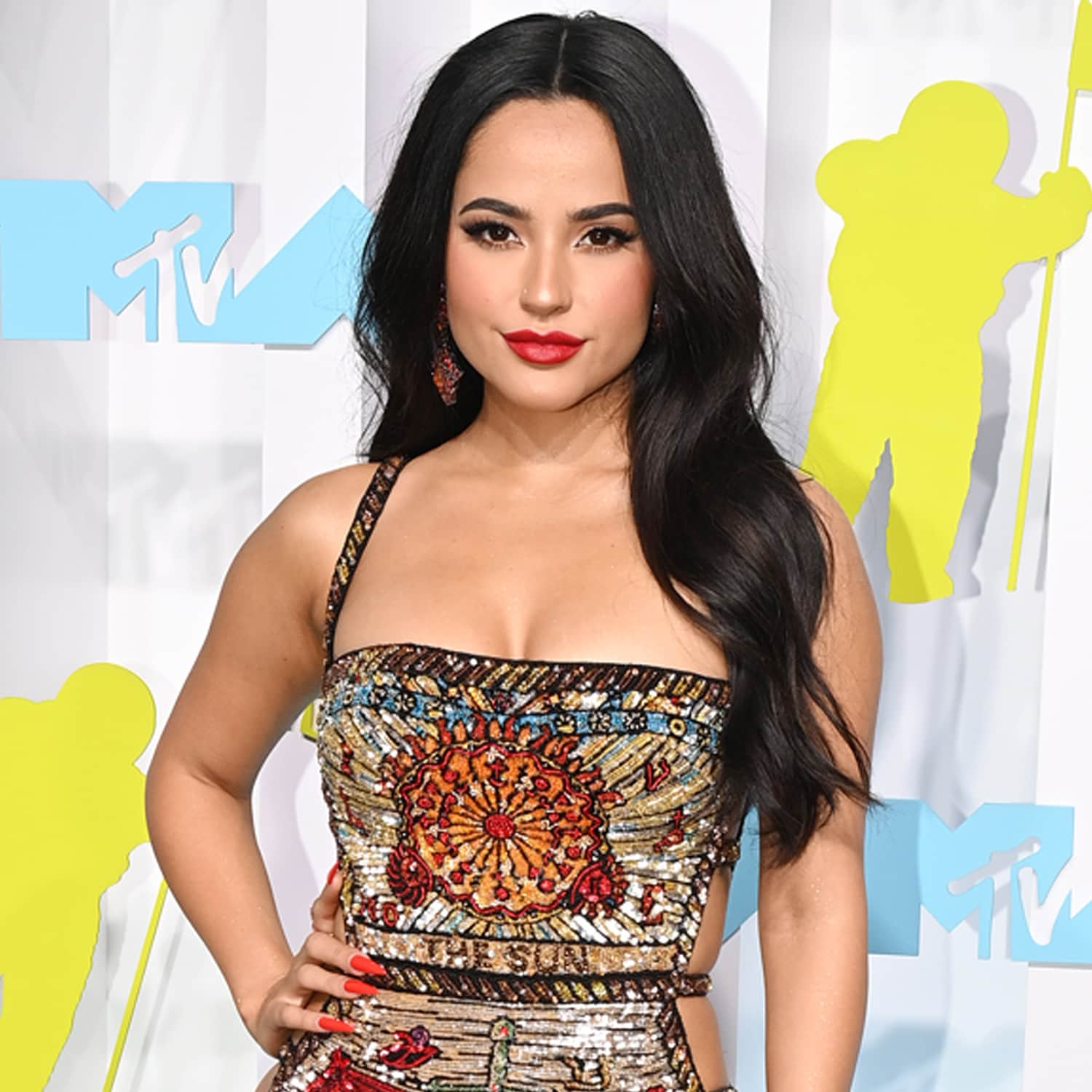 Becky G Wears A Tarot Card Dress With Thigh High Cutouts At The Mtv Vmas Popsugar Australia