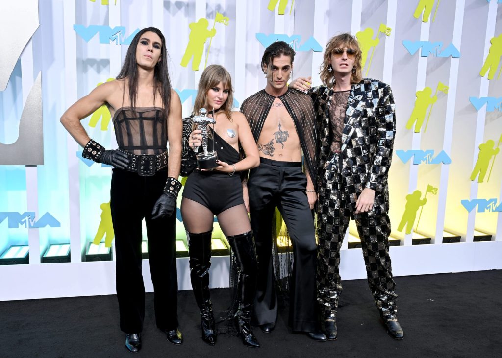 Maneskin's Ethan Torchio, Victoria De Angelis, Damiano David, and Thomas Raggi in Gucci at the VMAs