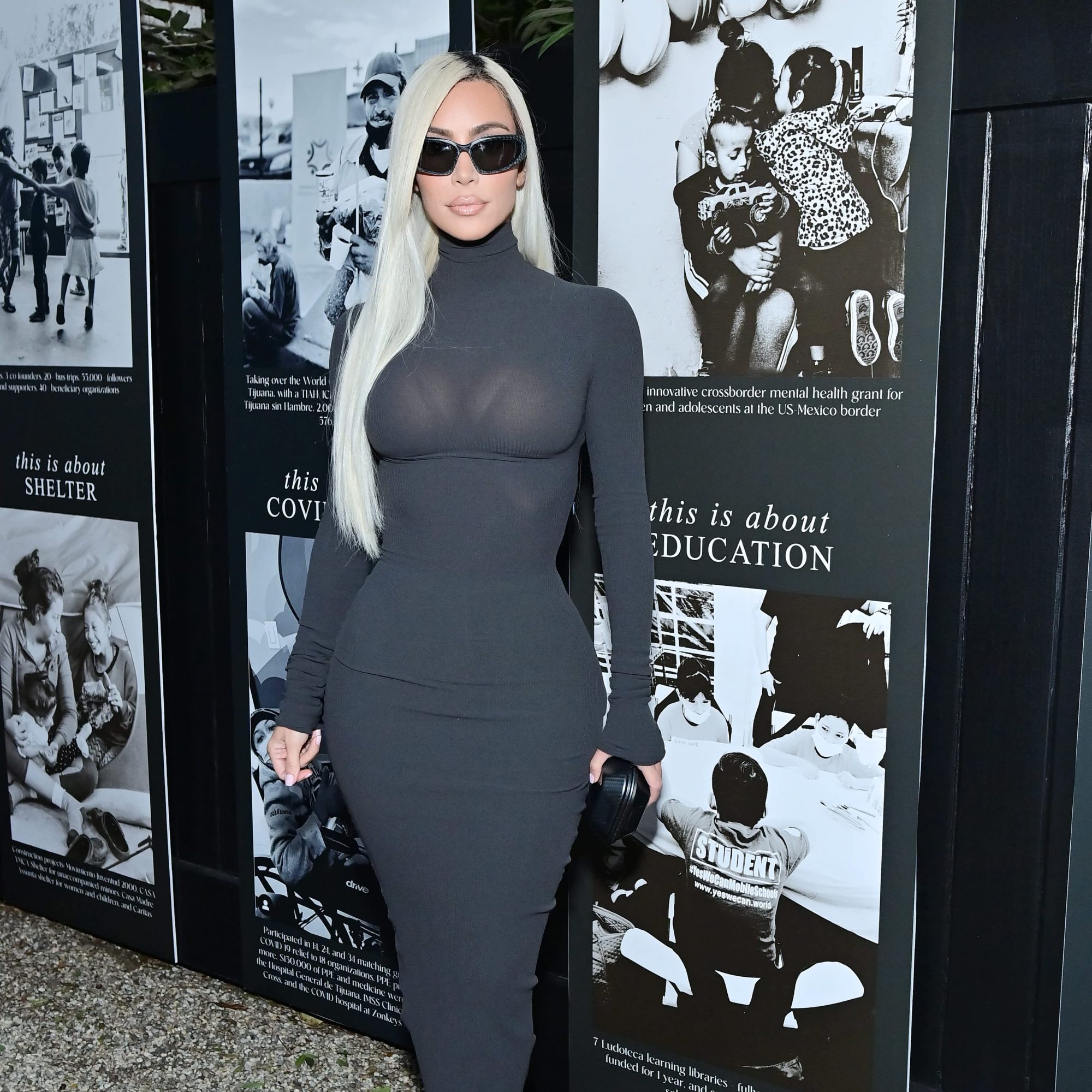 Kim Kardashian Styles a Gray Turtleneck Dress With Shield Sunglasses and Neon Boots POPSUGAR Australia