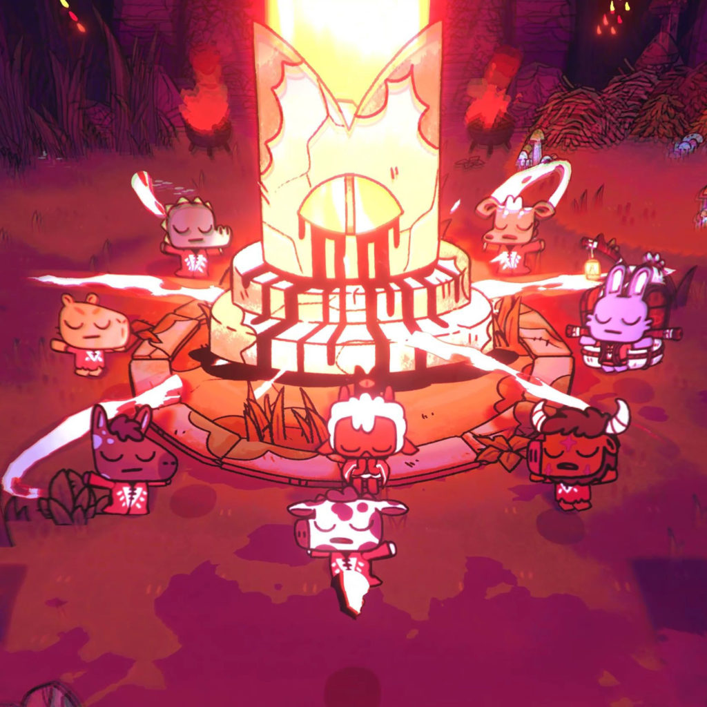 The lamb and their followers worshipping at a shrine in Cult of the Lamb.