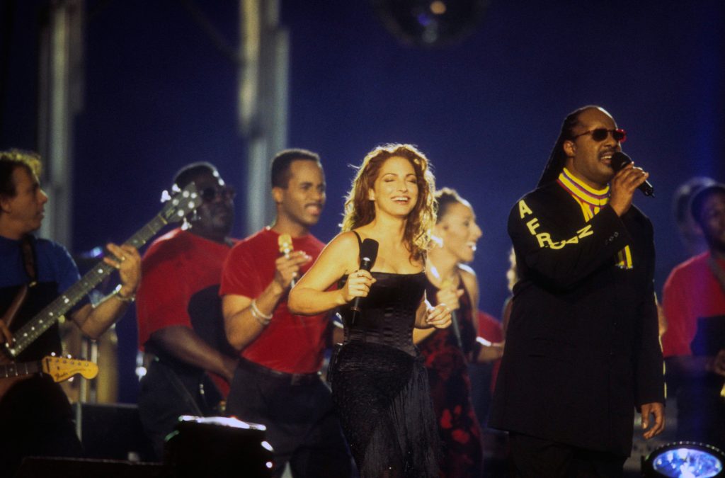 Stevie Wonder and Gloria Estefan Perform at the Super Bowl in 1999