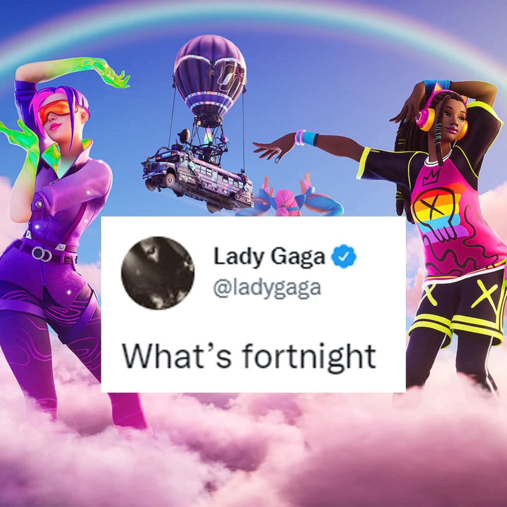 A Tweet from @ladygaga that reads: "What's fortnite" above artwork for Fortnite's Rainbow Royale event.