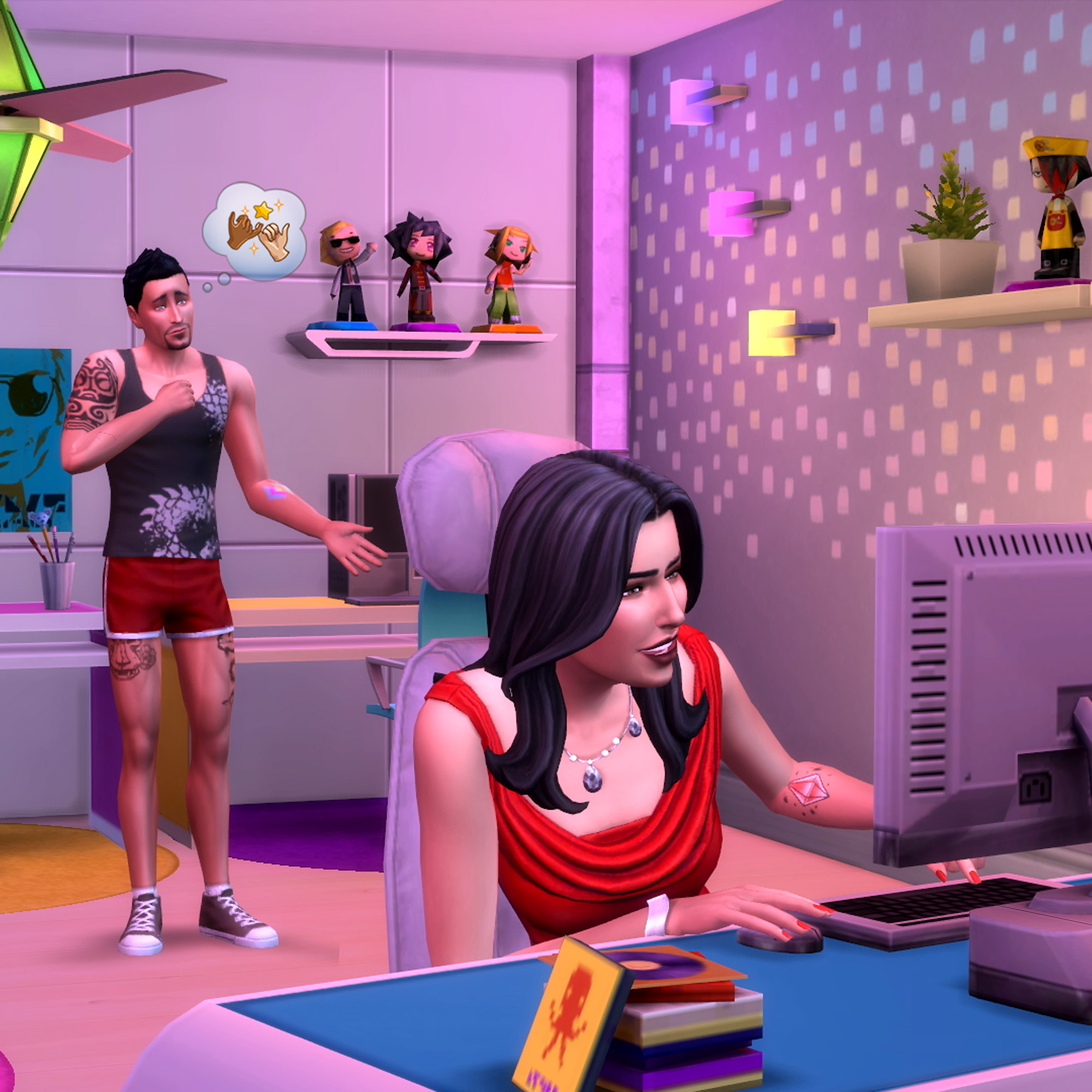 A Sim playing games on a computer while another Sim stands behind her looking sad.