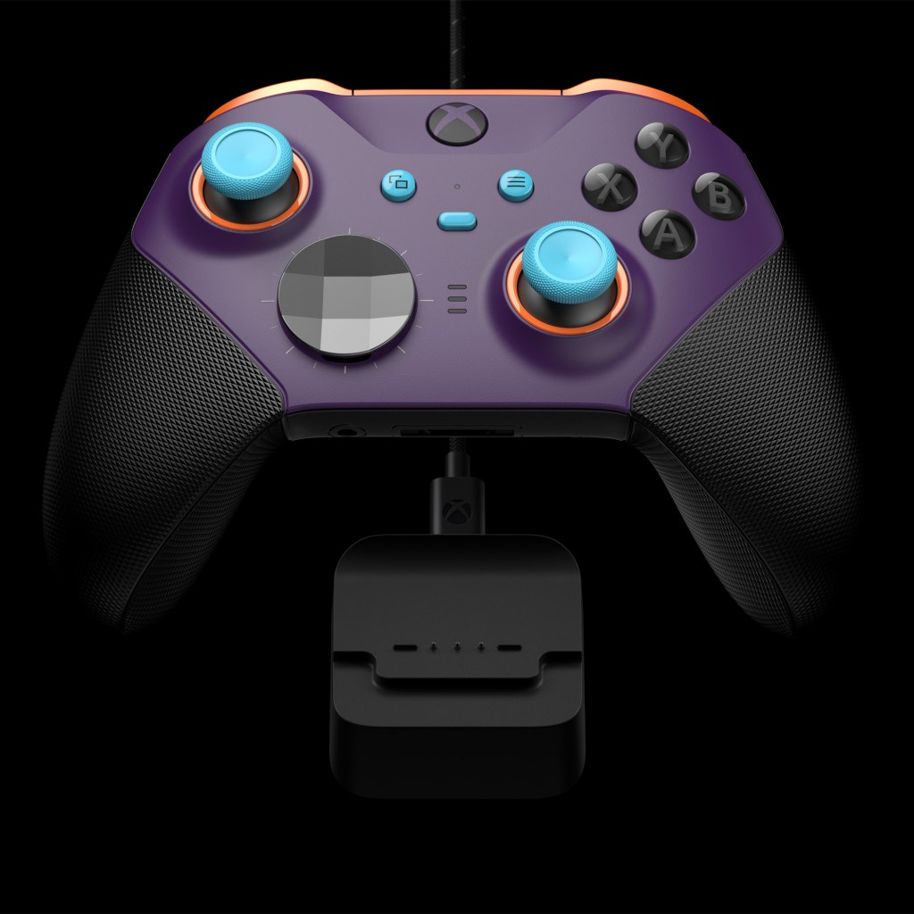 A custom purple, orange and blue Elite Series 2 controller from the Xbox Design Lab.