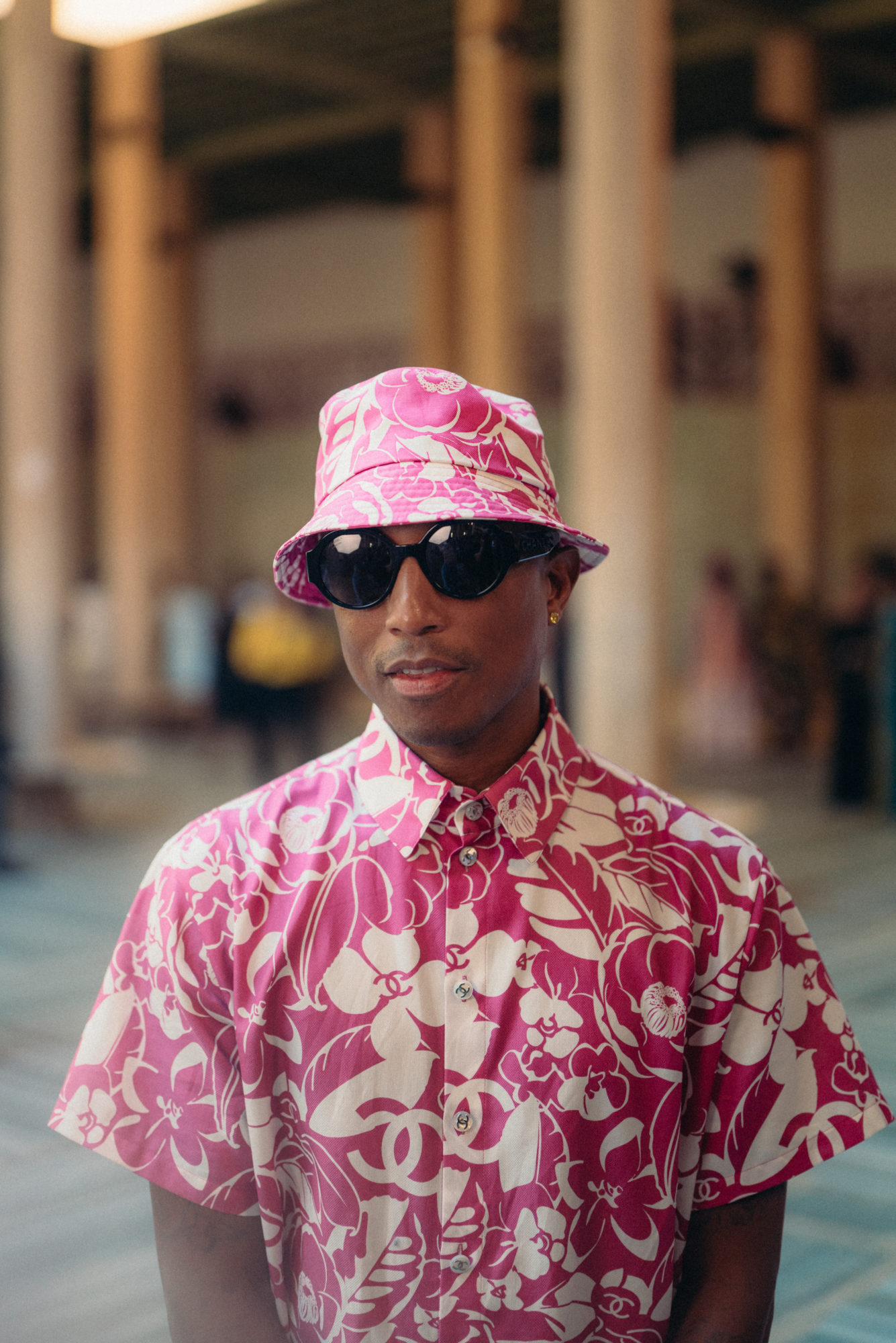 Pharrell Wearing Chanel Yarmulke at Pre-Fall 2017