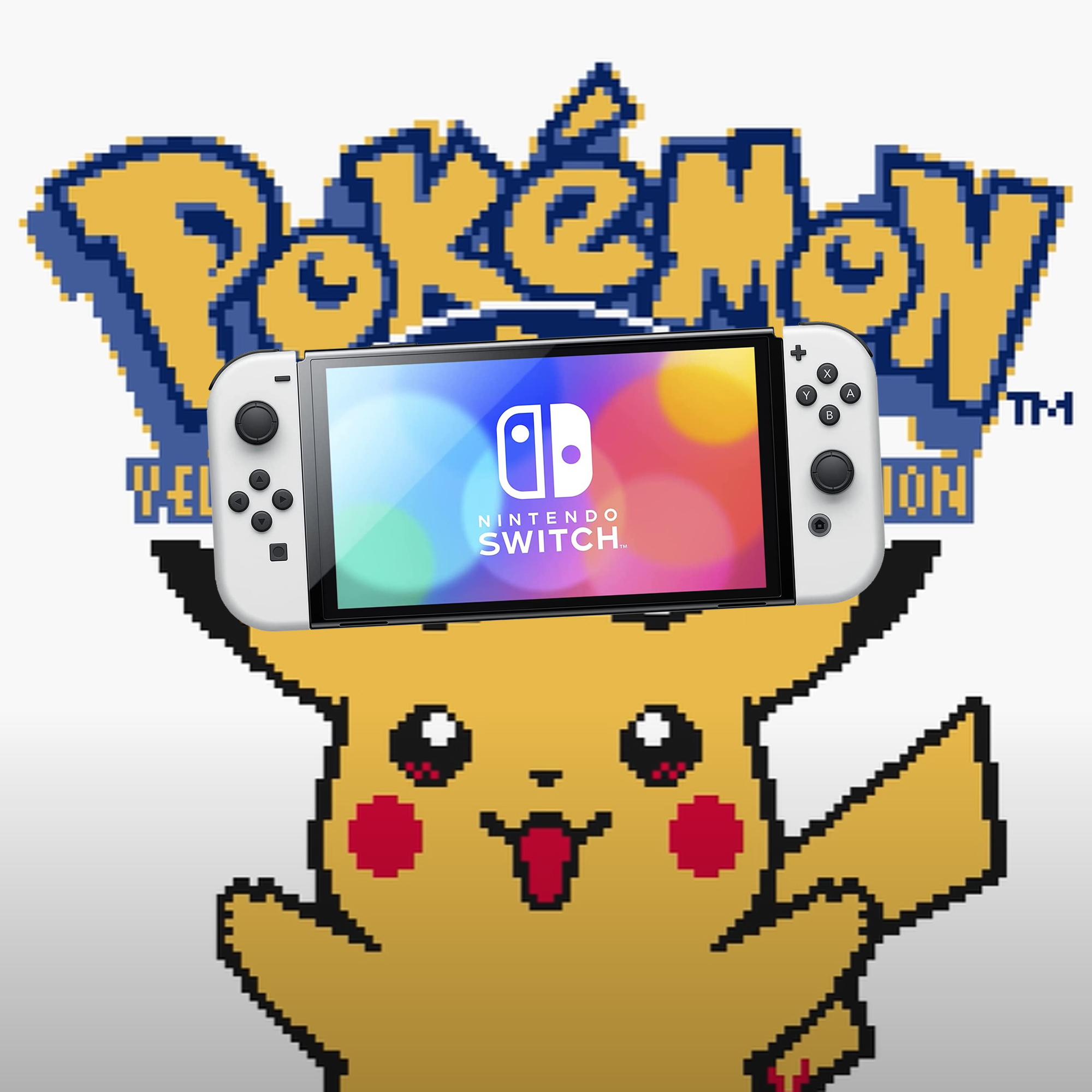 The intro screen for Pokemon Yellow with a Switch OLED placed in the middle to make it look like the Switch version of the Pokemon Game Boy game.