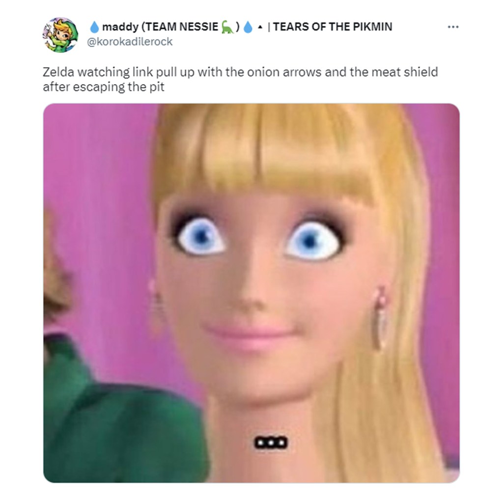 A tweet by @korokadilerock about the Tears of the Kingdom gameplay video. The tweet reads: "Zelda watching link pull up with the onion arrows and the meat shield after escaping the pit" and has a picture of Barbie looking shocked and scared.