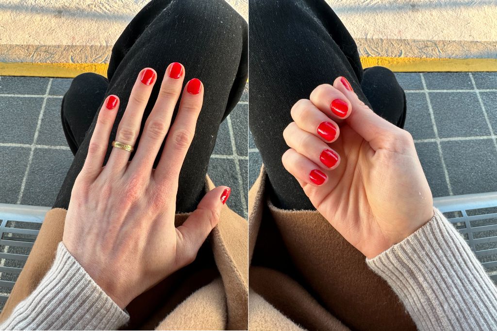 Manicurist "Poppy Red" applied on author's nails.