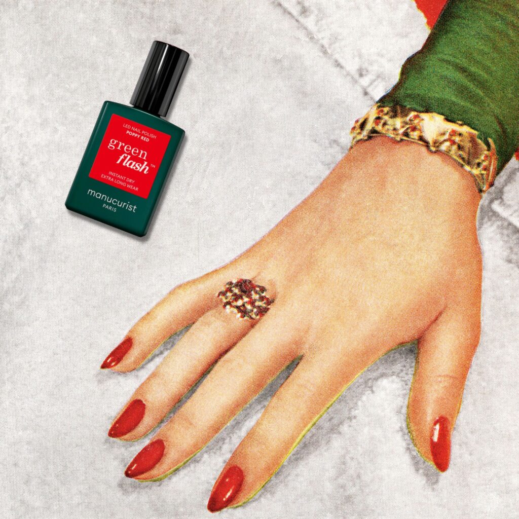 1950s style advertisement with Manucrist nailpolish in "Poppy Red" imposed.