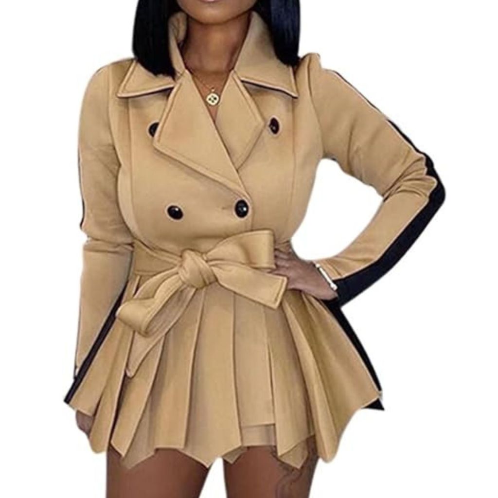 RAMOUG Two Tone Lapel V Neck Double Breasted Peplum Jacket Sexy Belted Blazer Mini Dress, $50.48